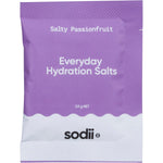 Sodii Salty Passionfruit 30-pack hydration salts box and a single sachet on a white background.