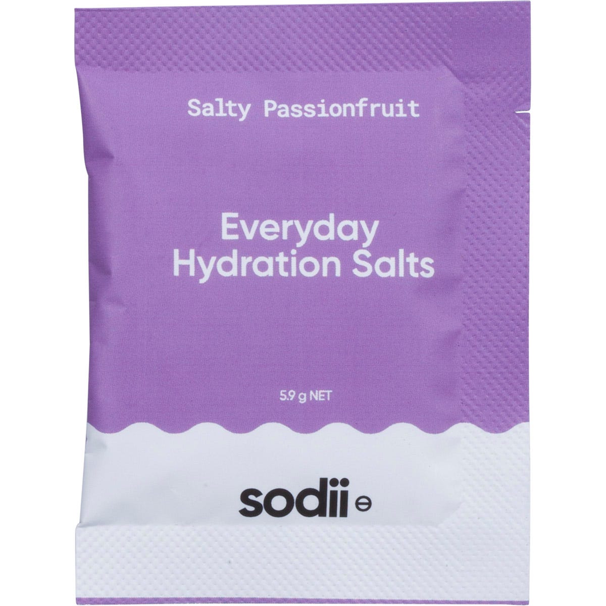 Sodii Salty Passionfruit 30-pack hydration salts box and a single sachet on a white background.
