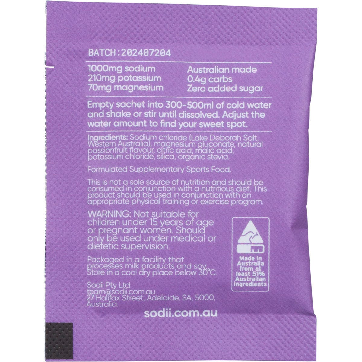 Back of Sodii Salty Passionfruit 30-pack box showing nutritional facts, ingredients, and directions for use.