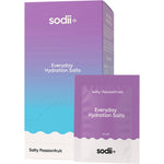 Box of 30 Sodii Salty Passionfruit hydration salt sachets and an open sachet on a white background.