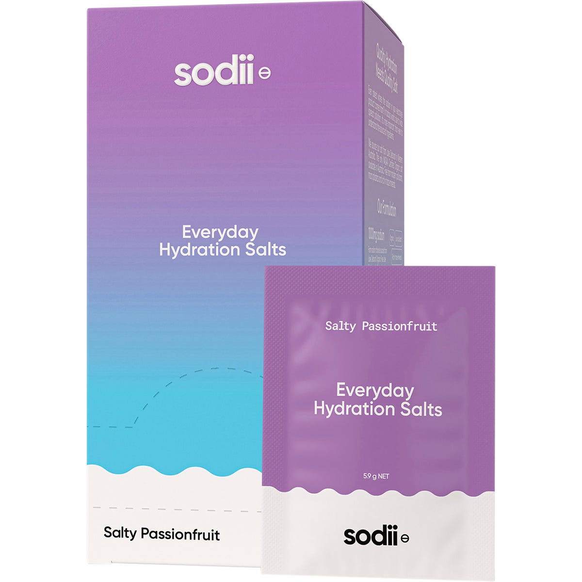 Box of 30 Sodii Salty Passionfruit hydration salt sachets and an open sachet on a white background.