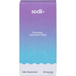 Sodii Salty Passionfruit 30-pack display box with single sachets on a white background.