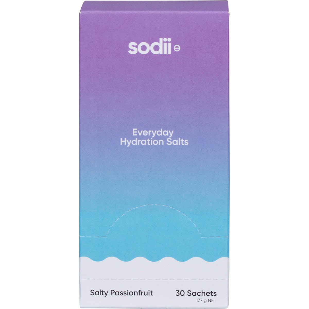Sodii Salty Passionfruit 30-pack display box with single sachets on a white background.