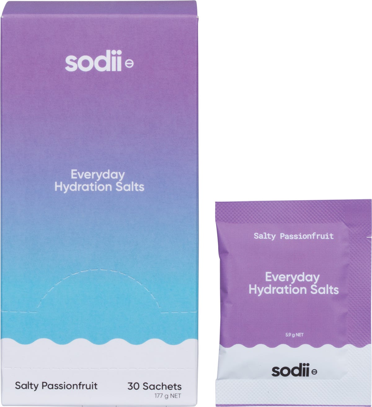 Sodii Salty Passionfruit 30-pack display box with a single sachet and passionfruit halves on a white background.