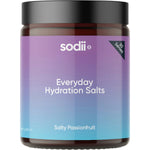Sodii Everyday Hydration Salts Salty Passionfruit 185g tub with a gold and black label on a white background.