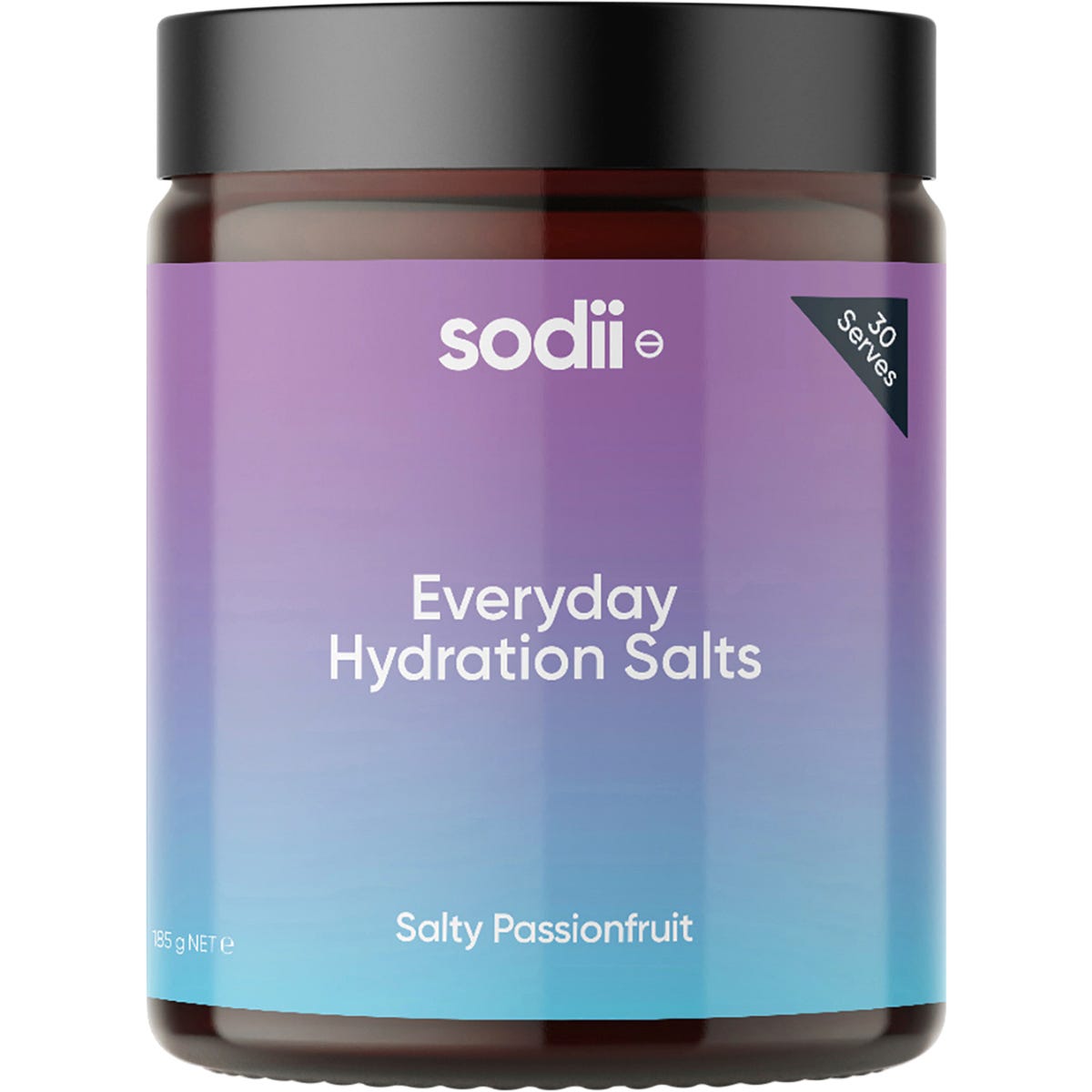 Sodii Everyday Hydration Salts Salty Passionfruit 185g tub with a gold and black label on a white background.