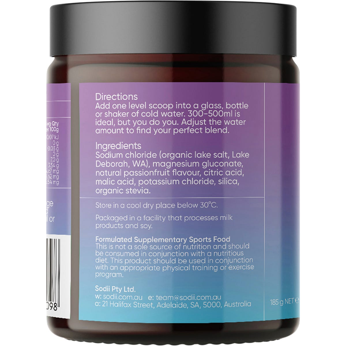 Side view of a Sodii Salty Passionfruit 185g tub highlighting its 1000mg sodium and hydration benefits.