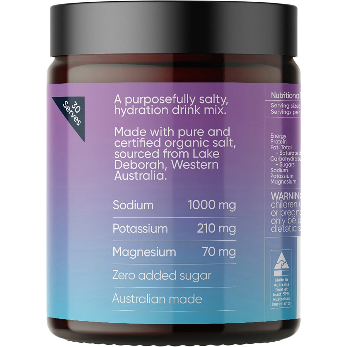 Right side of a Sodii Salty Passionfruit 185g tub showing product features and a "Made in Australia" logo.