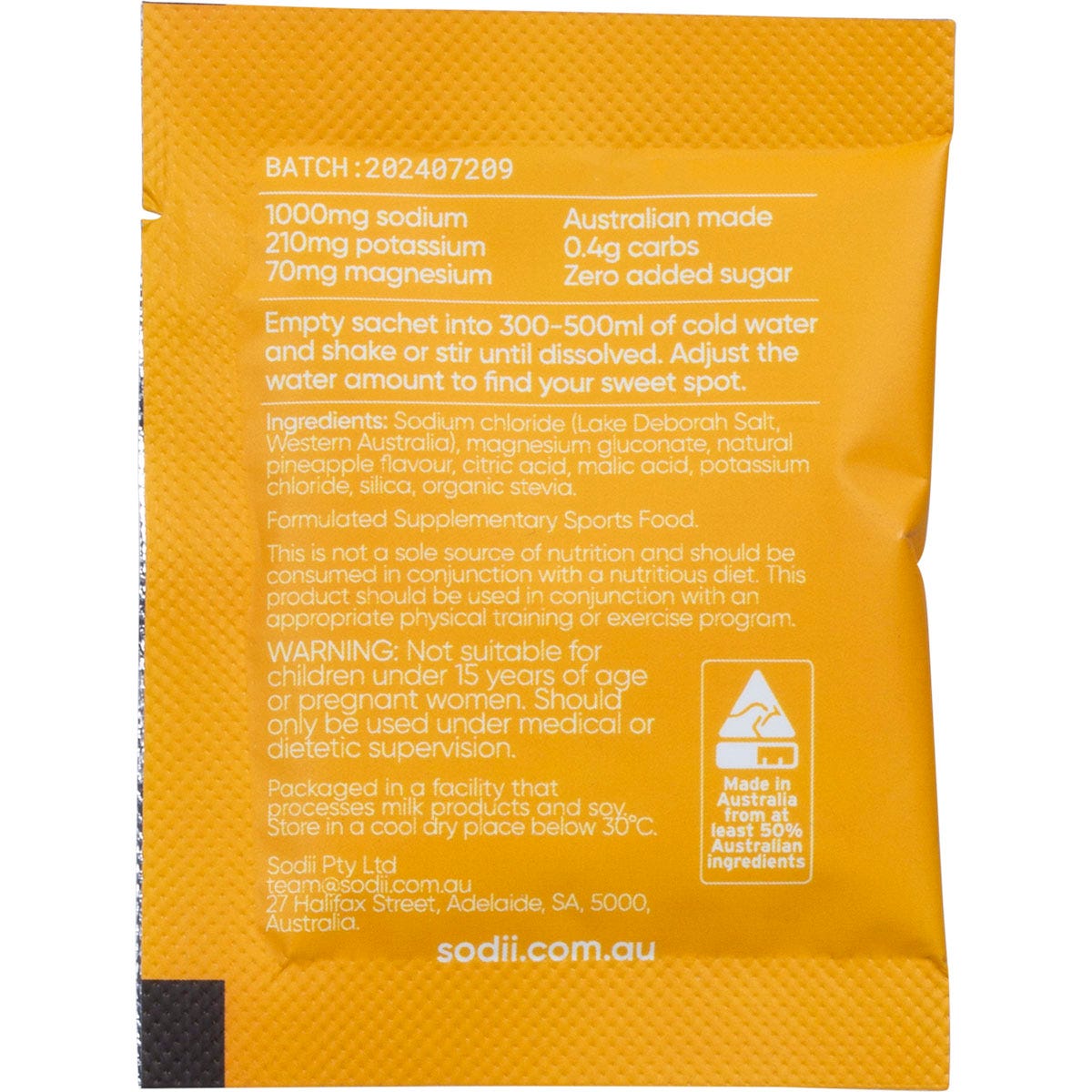 Back of Sodii Salty Pineapple hydration sachet with nutrition facts, ingredients, and directions for use.
