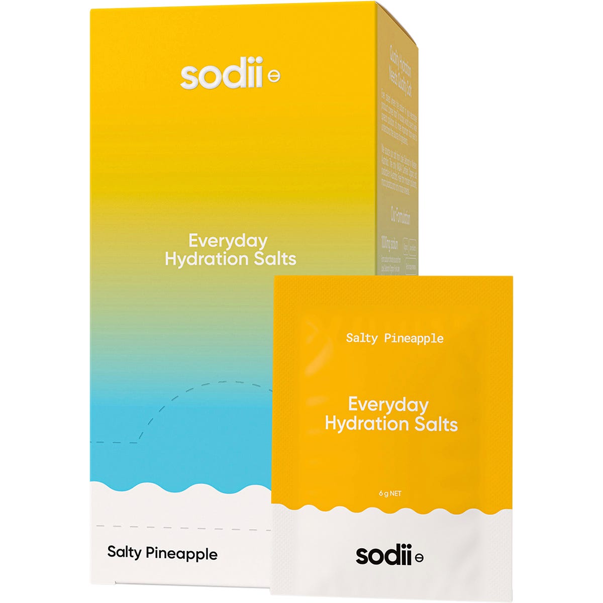 30-pack of Sodii Salty Pineapple hydration salt sachets and an individual sachet featuring a tropical pineapple design.