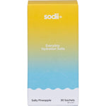 Sodii Salty Pineapple 30-pack display box with yellow and blue tropical pineapple designs on a white background.
