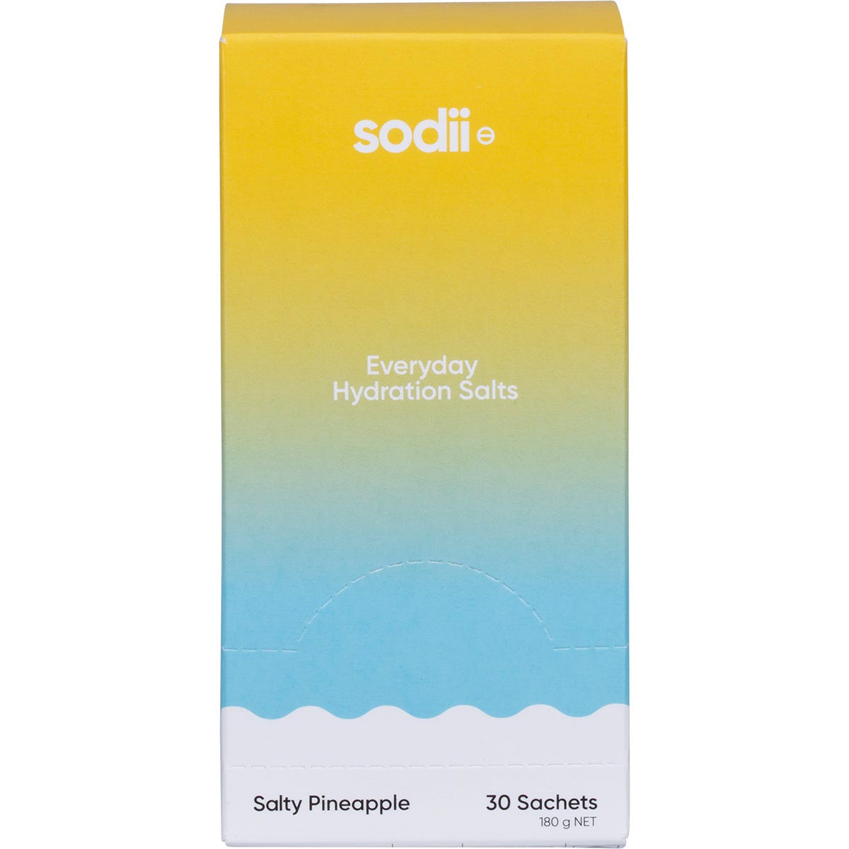 Sodii Salty Pineapple 30-pack display box with yellow and blue tropical pineapple designs on a white background.