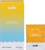 Sodii Salty Pineapple 30-pack display box with individual hydration salt sachets and pineapple illustrations.