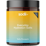 Sodii Salty Pineapple 185g tub of everyday hydration salts featuring tropical pineapple and botanical illustrations.