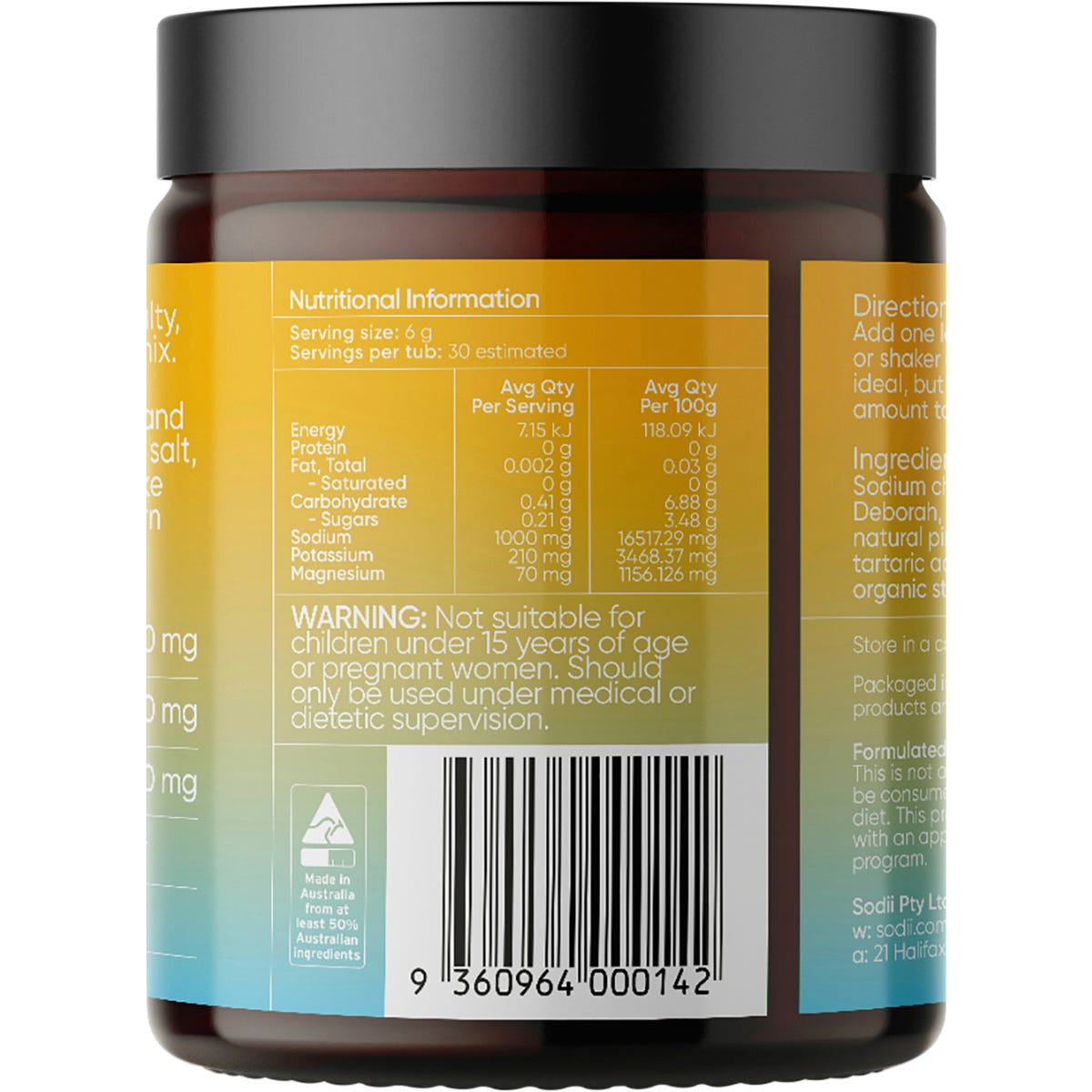 Back of Sodii Salty Pineapple 185g tub showing nutritional information and ingredients on a white background.
