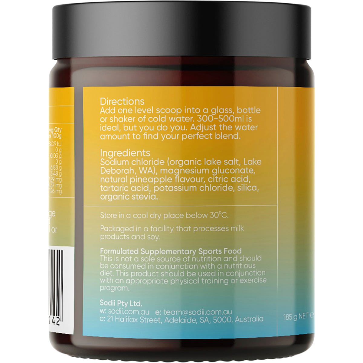 Side view of a Sodii Salty Pineapple 185g tub highlighting key benefits and the Australian Made logo.