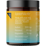 Side view of Sodii Salty Pineapple 185g tub highlighting ingredients and product benefits on a white background.