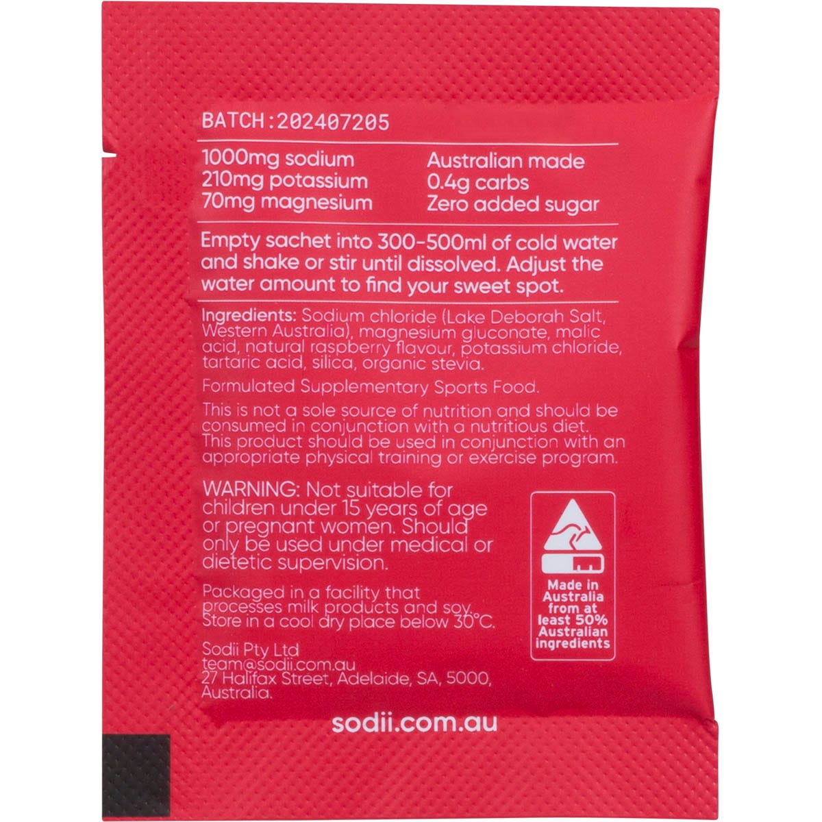 Back of Sodii Salty Raspberry 30-pack box with nutrition facts, ingredients, and hydration benefits.