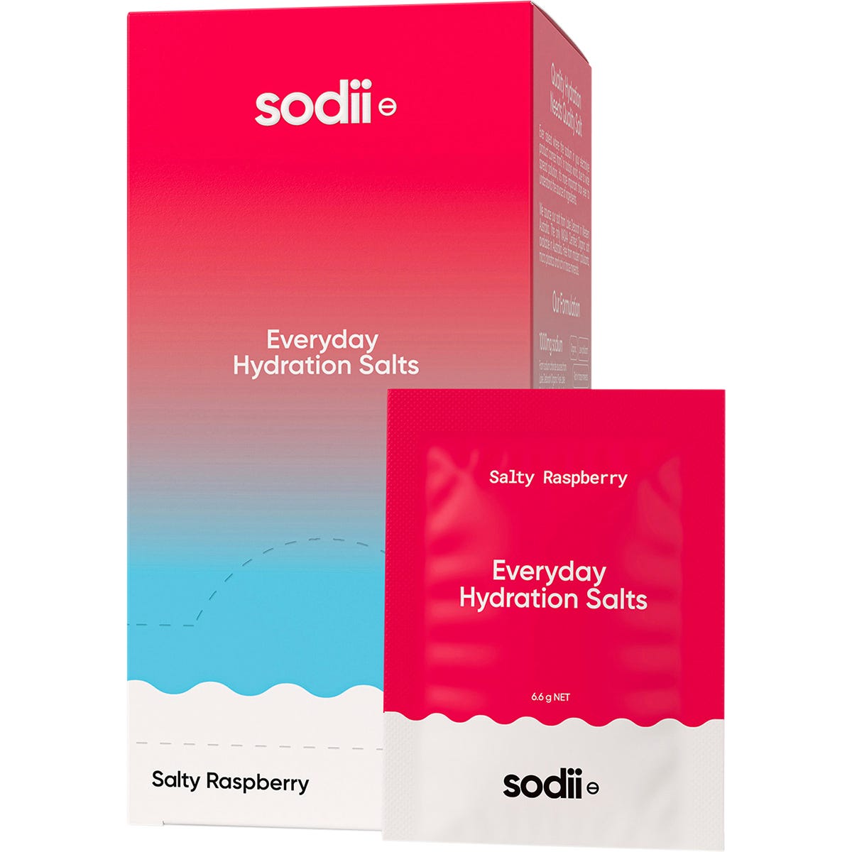 Sodii Salty Raspberry 30-pack box with a sachet and glass of pink electrolyte drink on a neutral background.