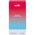 Sodii Salty Raspberry retail display unit featuring multiple individual electrolyte sachets on a neutral background.