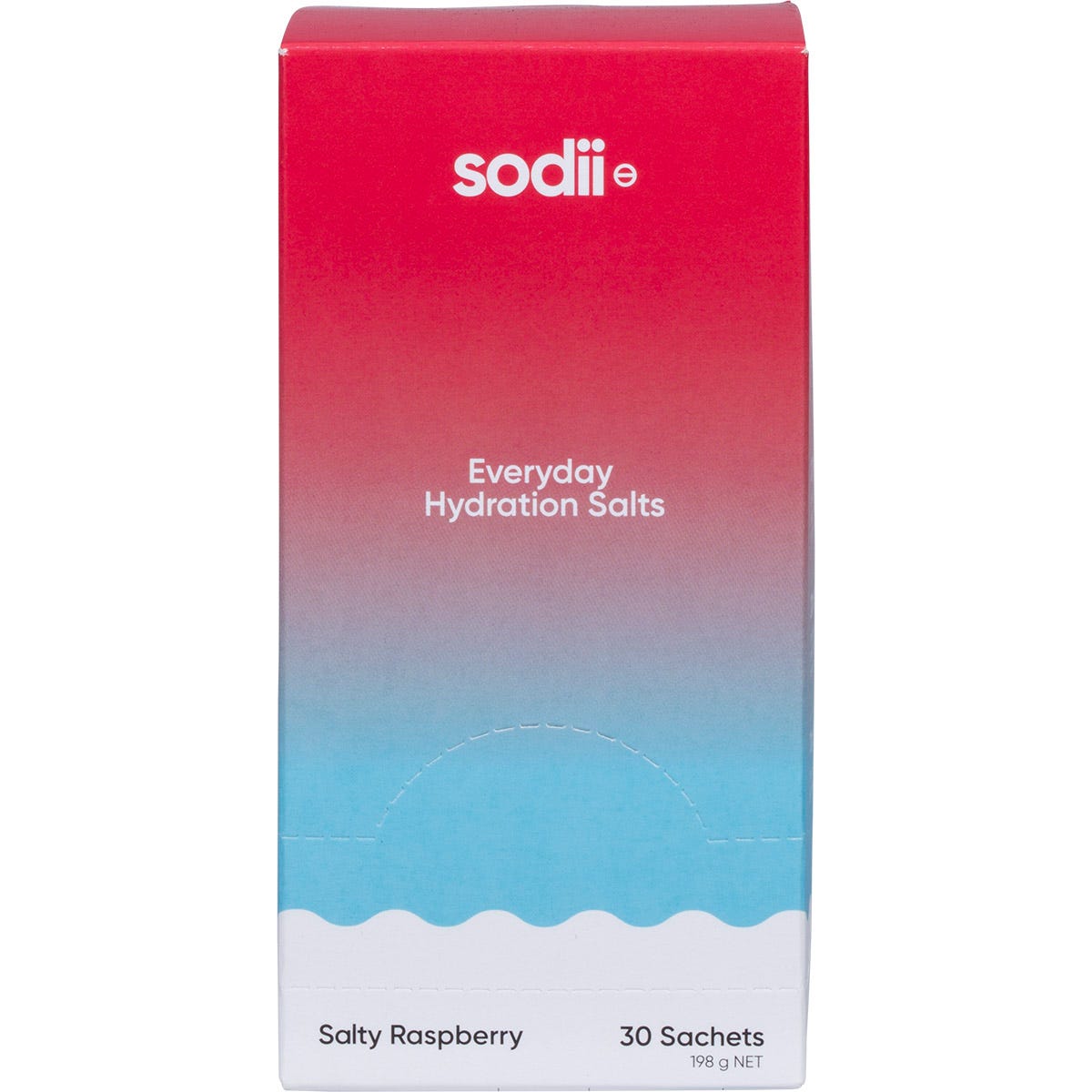 Sodii Salty Raspberry retail display unit featuring multiple individual electrolyte sachets on a neutral background.