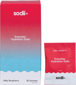 Sodii Salty Raspberry 30-pack box and display unit with individual sachets on a neutral background.