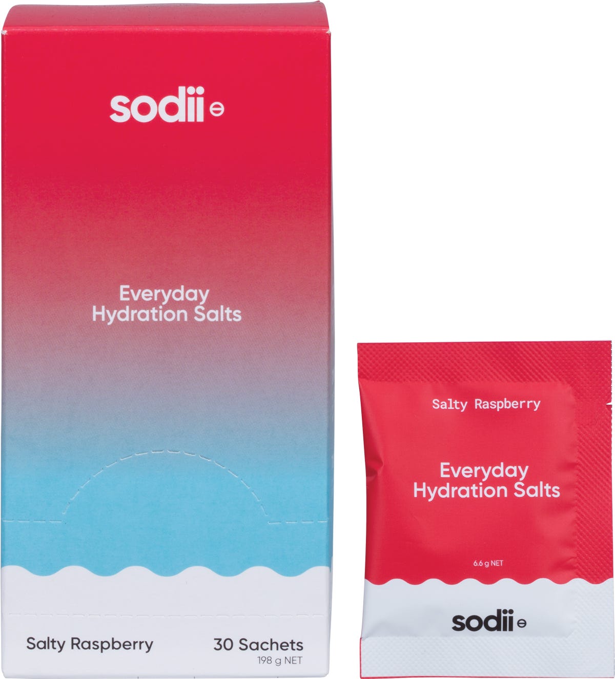 Sodii Salty Raspberry 30-pack box and display unit with individual sachets on a neutral background.