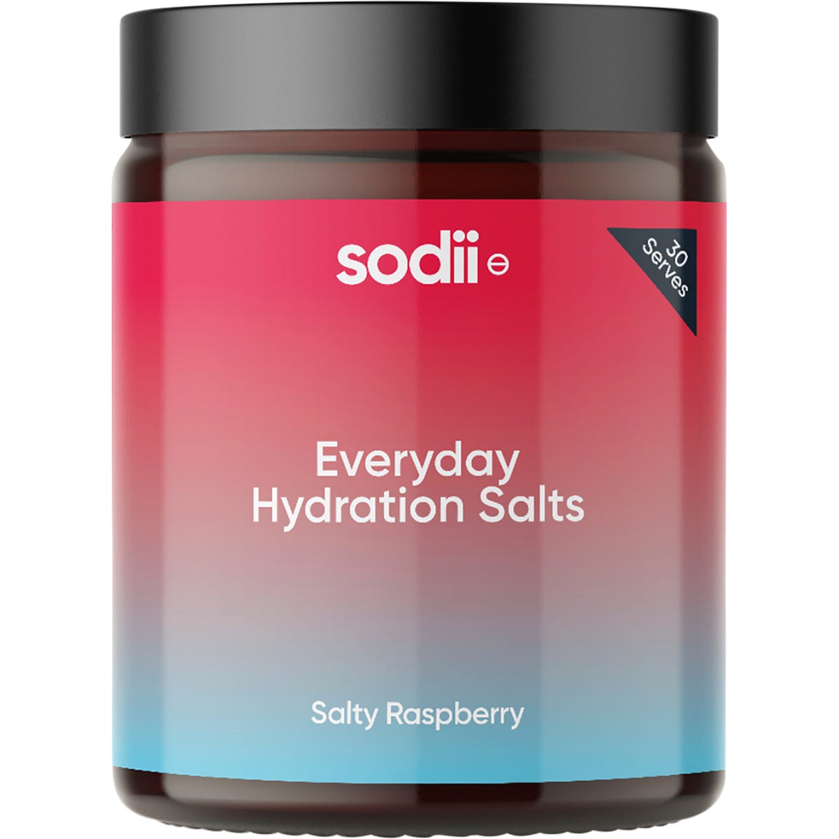 185g tub of Sodii Salty Raspberry Everyday Hydration Salts with Australian lake salt on a white background.