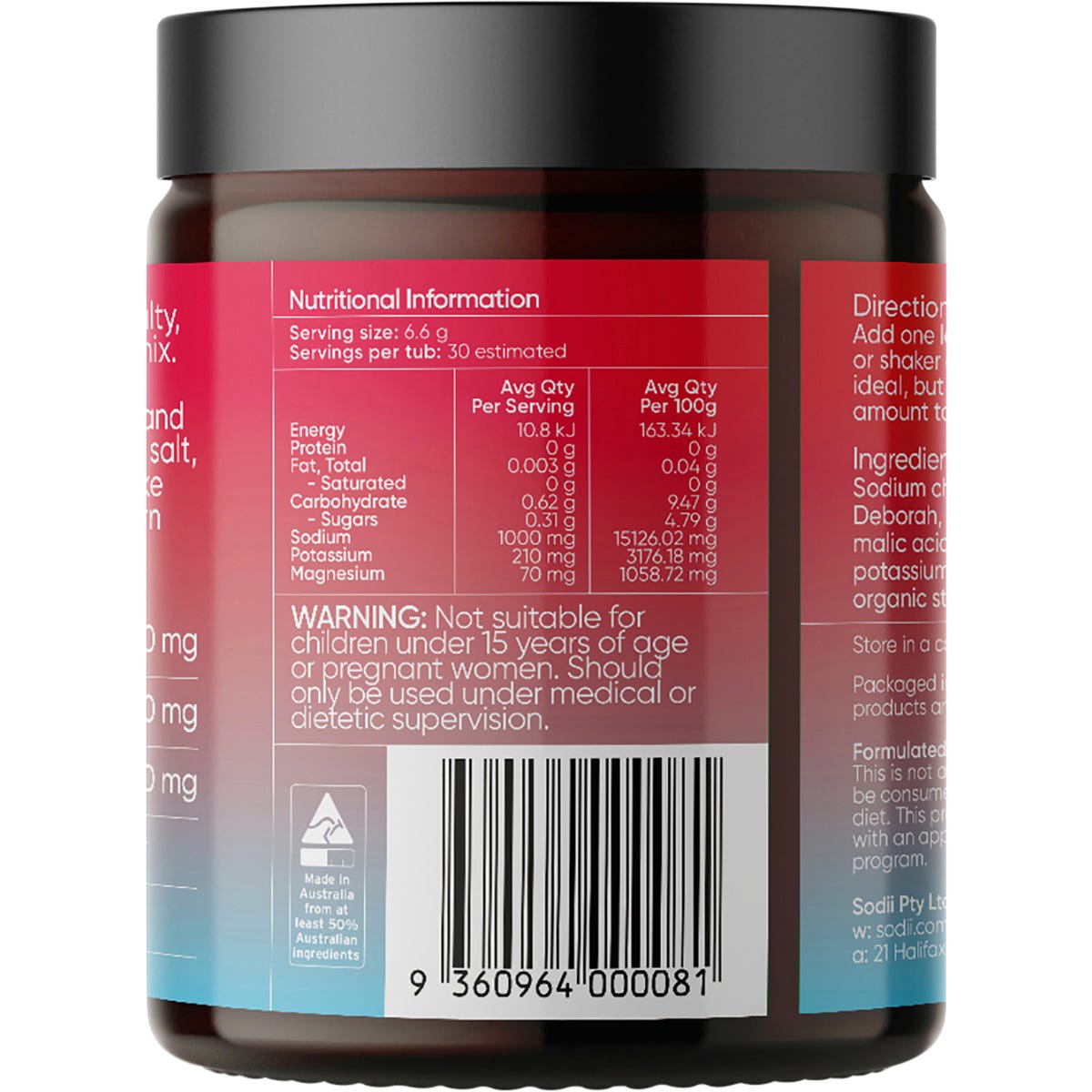 Back of a Sodii Salty Raspberry 185g tub showing nutritional information and ingredients on a white background.