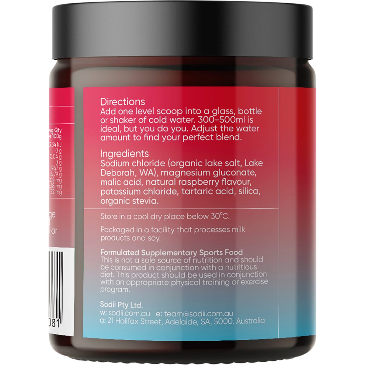 Side view of a 185g Sodii Salty Raspberry hydration salts tub highlighting Australian lake salt and key minerals.