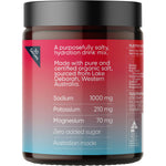 Side view of a 185g Sodii Salty Raspberry tub highlighting hydration benefits for blood flow and the nervous system.
