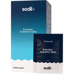 30-pack of Sodii Everyday Hydration Salts unflavoured sachets with a display box and a single open sachet.