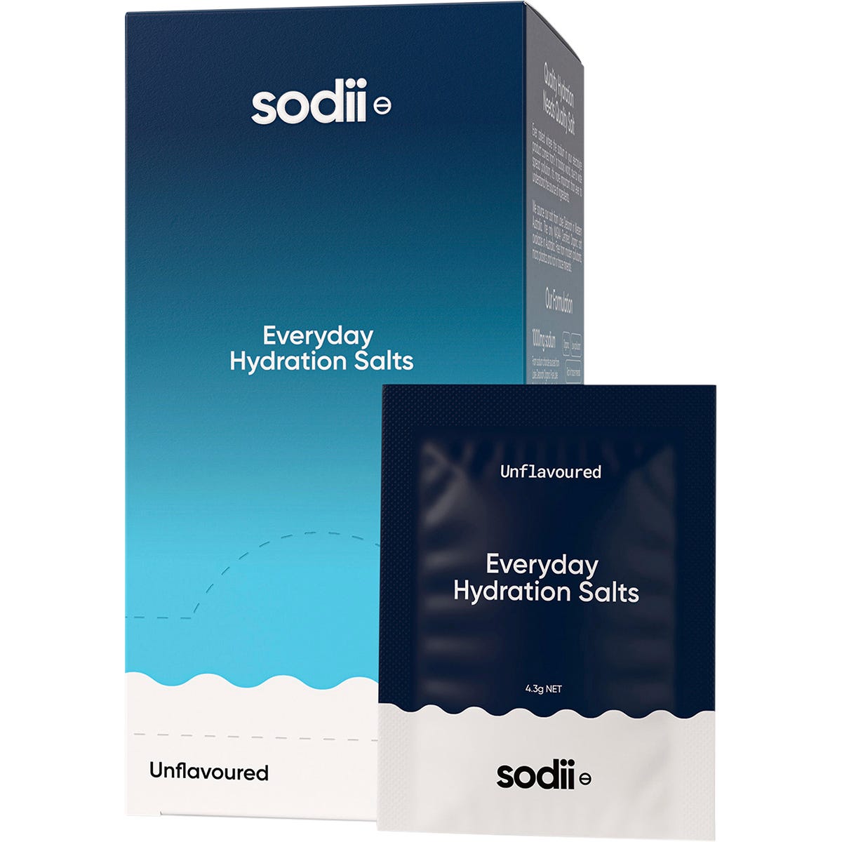 30-pack of Sodii Everyday Hydration Salts unflavoured sachets with a display box and a single open sachet.