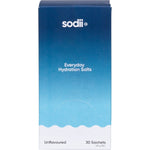 Front view of a Sodii Everyday Hydration Salts unflavoured 30-pack display box on a white background.