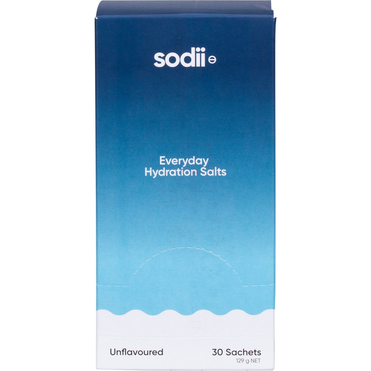 Front view of a Sodii Everyday Hydration Salts unflavoured 30-pack display box on a white background.
