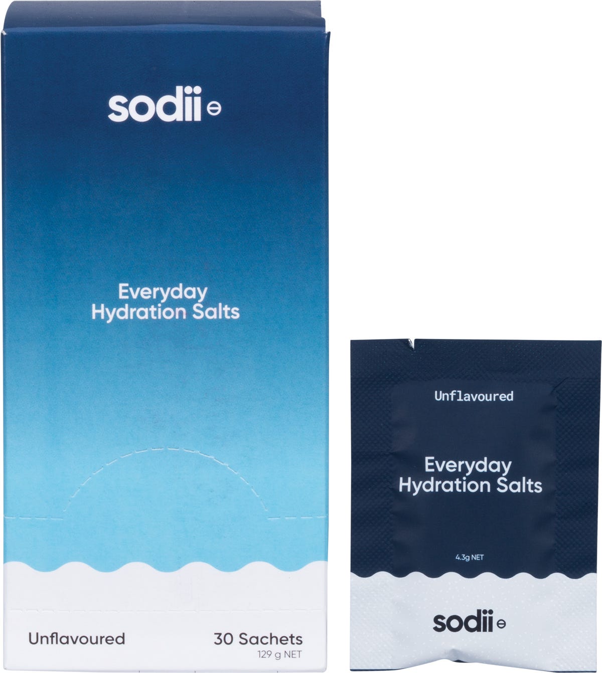 30-pack of Sodii Everyday Hydration Salts unflavoured sachets with a display box and a single sachet.