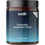 A 129g tub of Sodii Everyday Hydration Salts in Unflavoured, featuring a blue and white label on a white background.