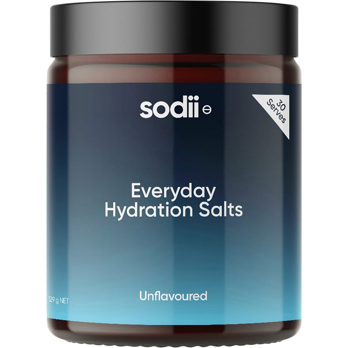 A 129g tub of Sodii Everyday Hydration Salts in Unflavoured, featuring a blue and white label on a white background.
