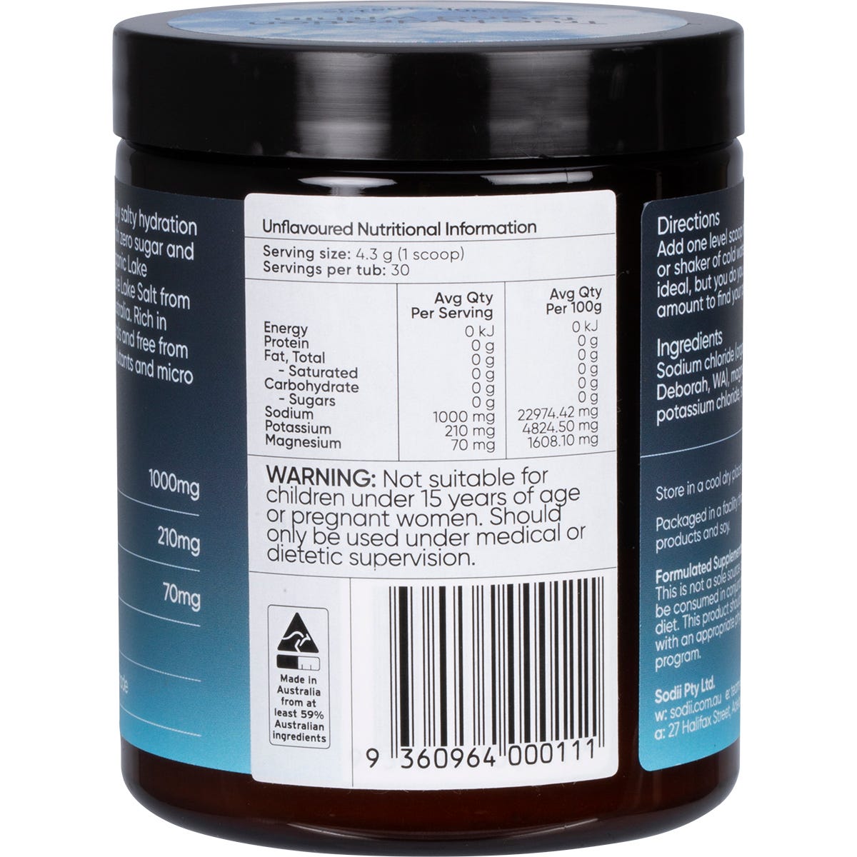 Back view of a 129g tub of Sodii Unflavoured Hydration Salts showing nutritional information and a blue and white label.