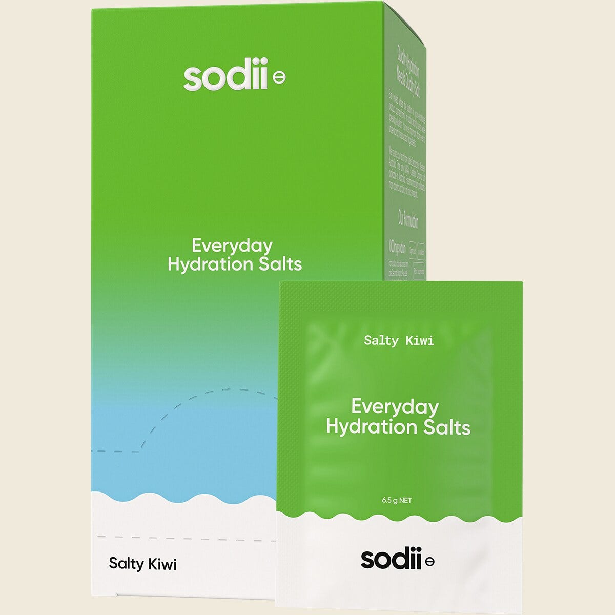 Sodii Salty Kiwi 30-pack box and individual sachet of Everyday Hydration Salts on a clean white background.