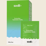 Sodii Salty Kiwi 30-pack box and individual sachet of Everyday Hydration Salts on a clean white background.