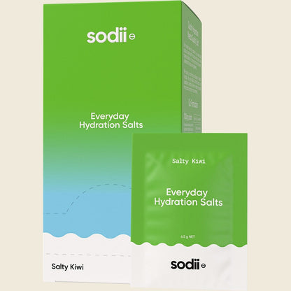 Sodii Salty Kiwi 30-pack box and individual sachet of Everyday Hydration Salts on a clean white background.