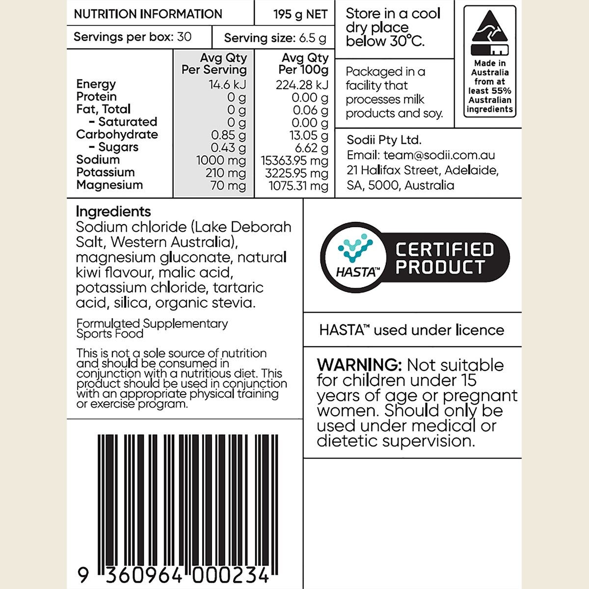 Sodii Salty Kiwi Everyday Hydration Salts nutrition information panel showing 1000mg sodium and key electrolytes.