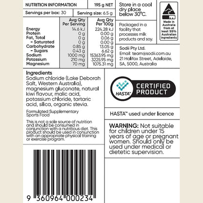 Sodii Salty Kiwi Everyday Hydration Salts nutrition information panel showing 1000mg sodium and key electrolytes.