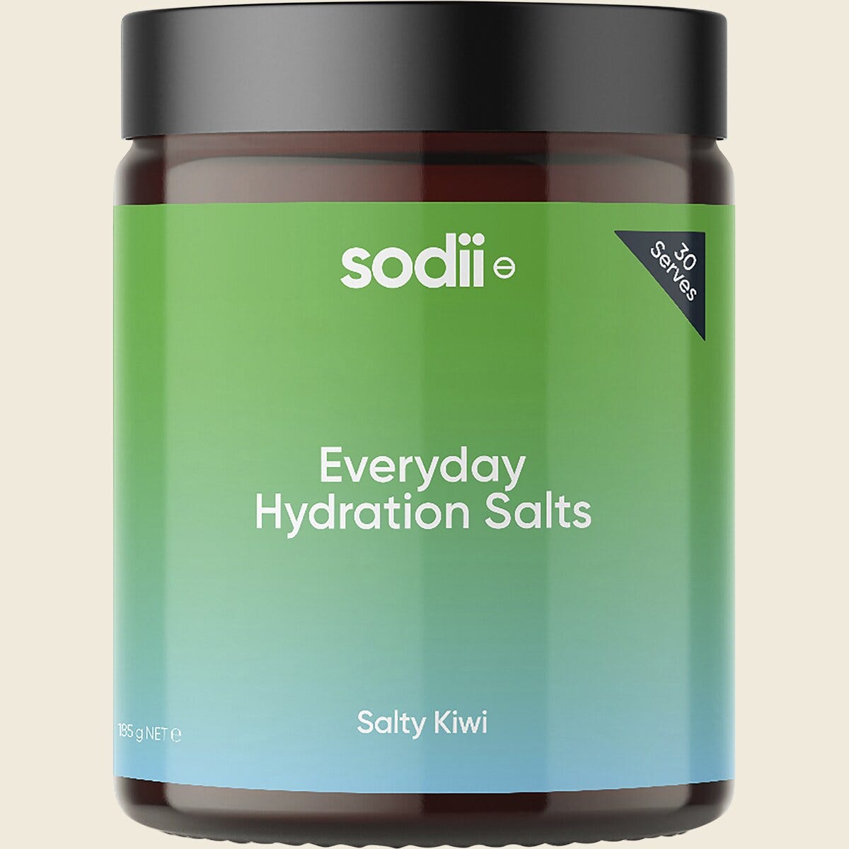 Sodii Everyday Hydration Salts Salty Kiwi 185g tub with a green label on a white background.