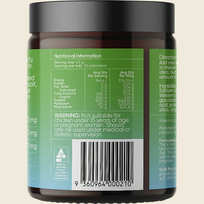 Back view of a Sodii Salty Kiwi hydration salts tub showing nutritional information and ingredients on a green label.