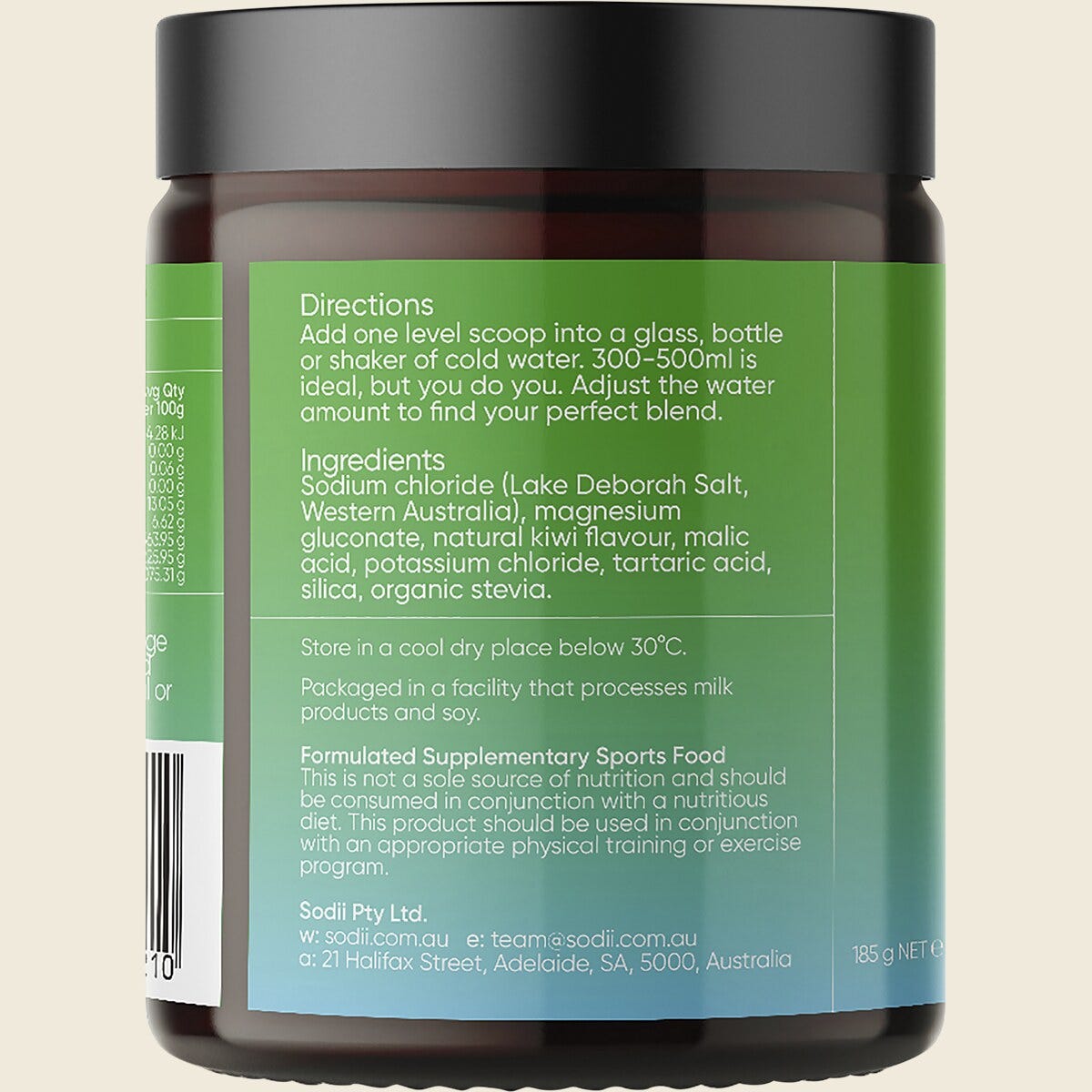 Side view of a Sodii Salty Kiwi hydration salts tub showing product features and 1000mg sodium content.