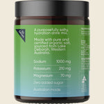 Right side of a Sodii Salty Kiwi hydration salts tub showing product benefits and 1000mg sodium content.