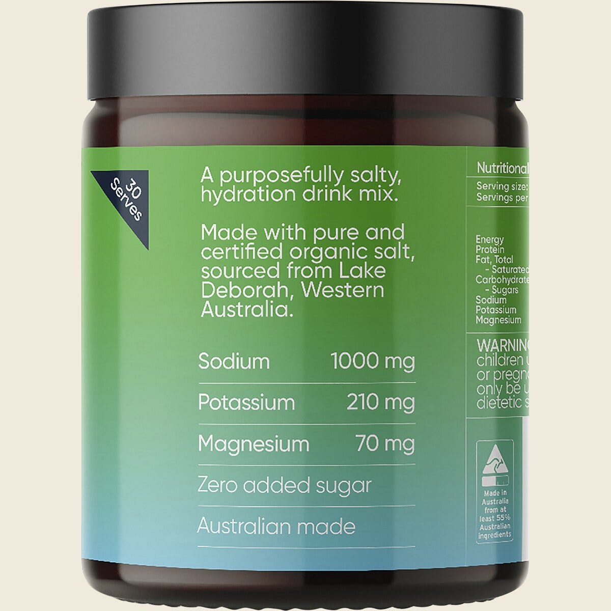 Right side of a Sodii Salty Kiwi hydration salts tub showing product benefits and 1000mg sodium content.
