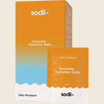 Sodii Salty Mandarin 30-pack box and single sachet of everyday hydration salts with electrolyte icons.